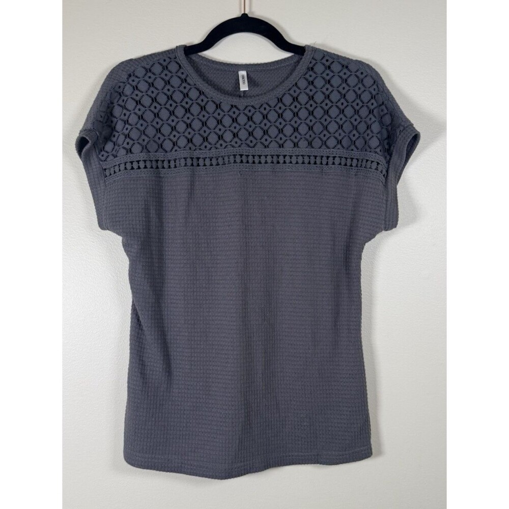Dokotoo Womens Gray Crochet Knit Crew Neck Short Sleeve T-Shirt - S